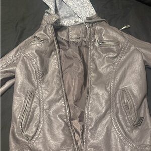 Stylish Gray Leather Jacket with Hoodie